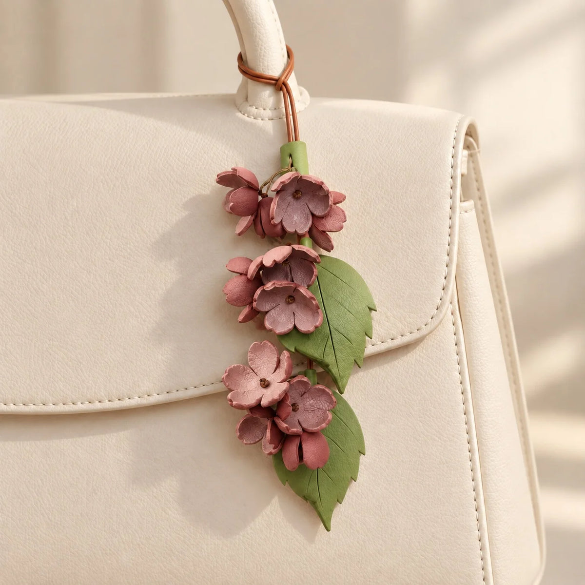Close-up of Cherry Blossom Cascade bag charm on a cream handbag, showing dusty pink petals, small flower centers, green leaves, and a brown hanging cord.