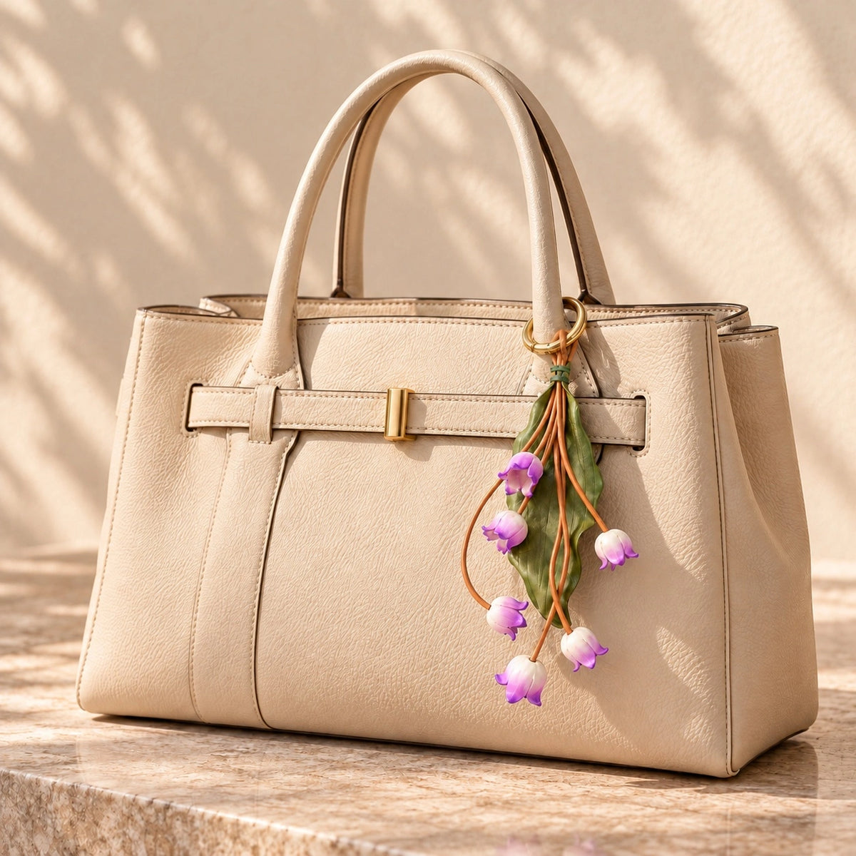 Cream structured leather tote with Lavender Valley Bells bag charm hanging from the right handle