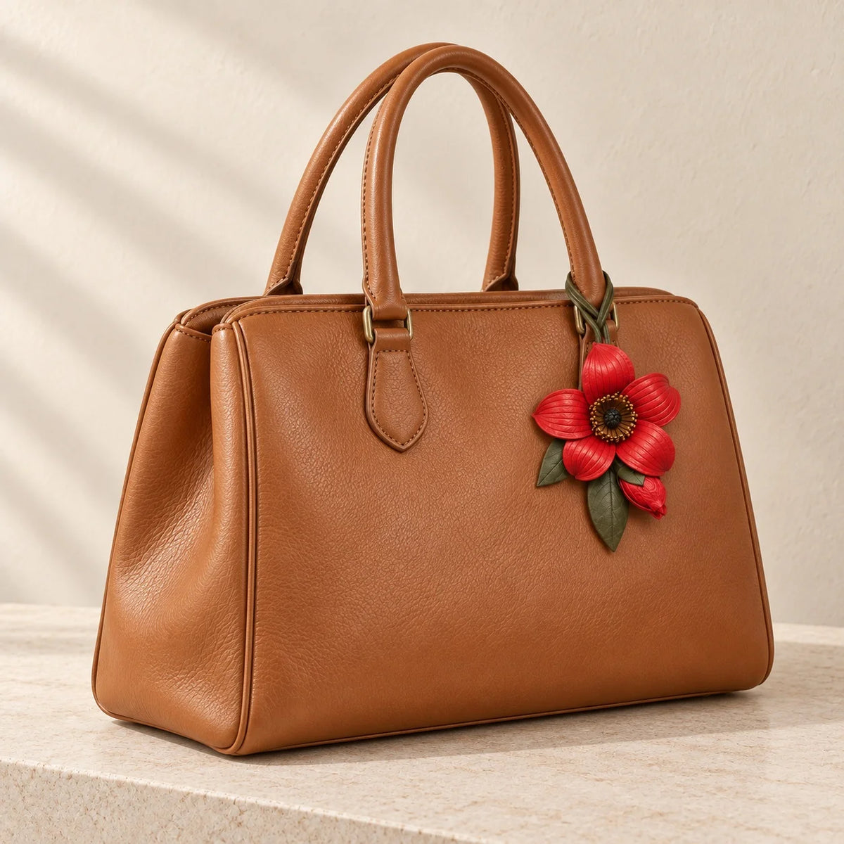 Red kapok flower bag charm attached to the right handle of a cognac satchel with an olive green loop-through strap.