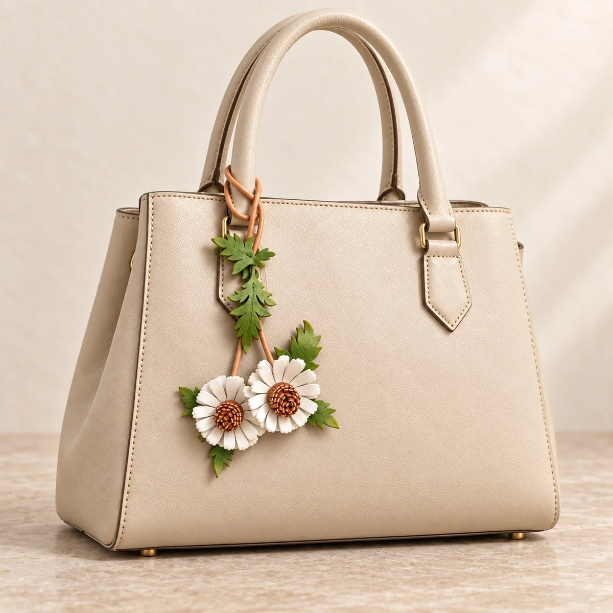 Cream structured tote with a white double daisy leather bag charm and trailing green leaves hanging from the left handle.