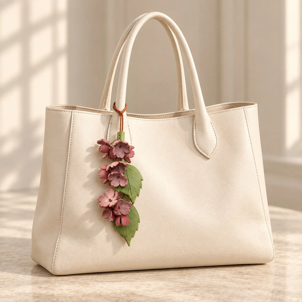 Cherry Blossom Cascade bag charm with dusty pink blooms and green leaves hanging beside the left handle of a structured cream tote.