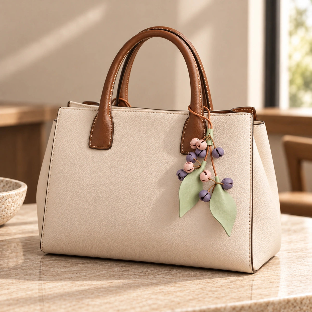 Cream structured tote with cognac handles decorated with a cascading pastel botanical bud bag charm featuring sage green leaves.