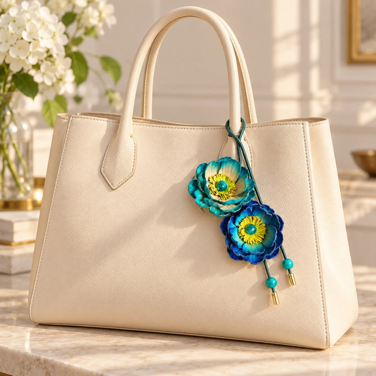 Large ivory structured tote displaying a blue and teal leather double flower bag charm with dangling bead-tipped cords.