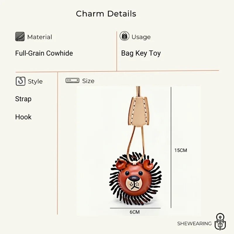 3D Leather Lion Bag Charm – Full - Grain Cowhide Keychain, Whimsical Graduation Gift, Handcrafted Animal Accessories - shewearing
