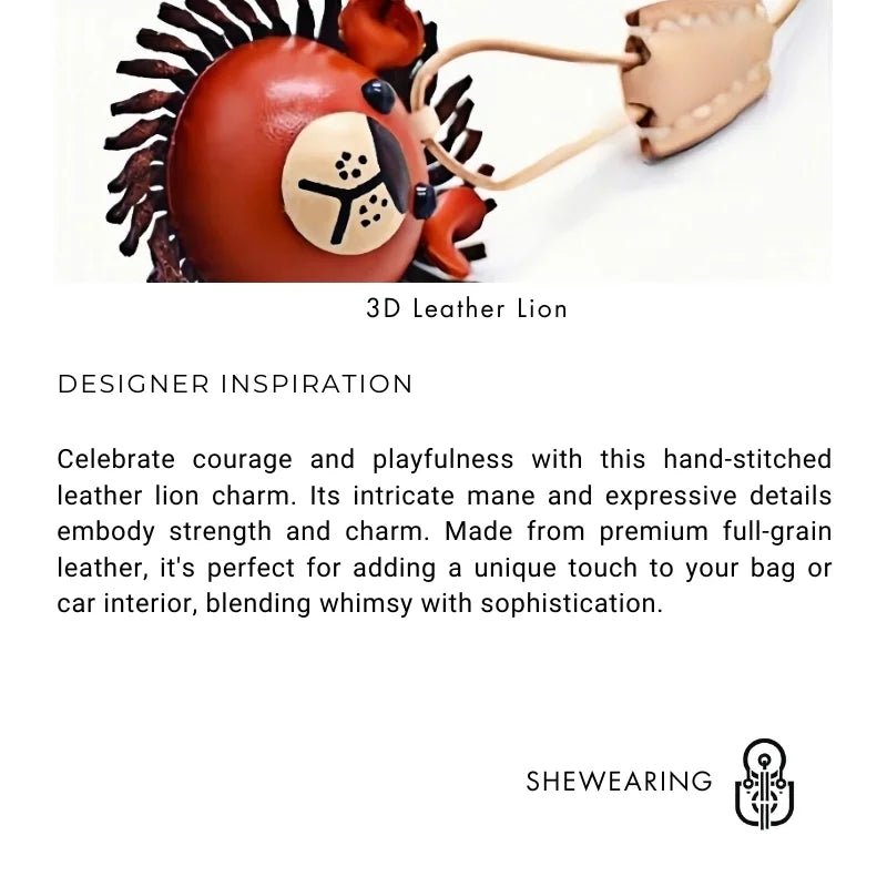 3D Leather Lion Bag Charm – Full - Grain Cowhide Keychain, Whimsical Graduation Gift, Handcrafted Animal Accessories - shewearing