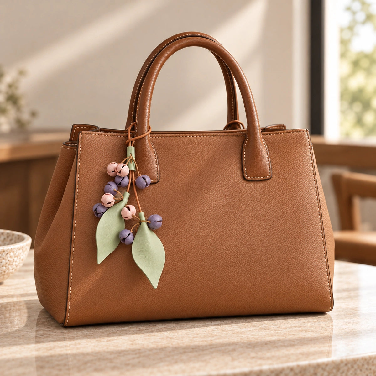 Caramel brown structured handbag with a floral bud bag charm featuring soft lavender and pink clusters and two sage green leaves.