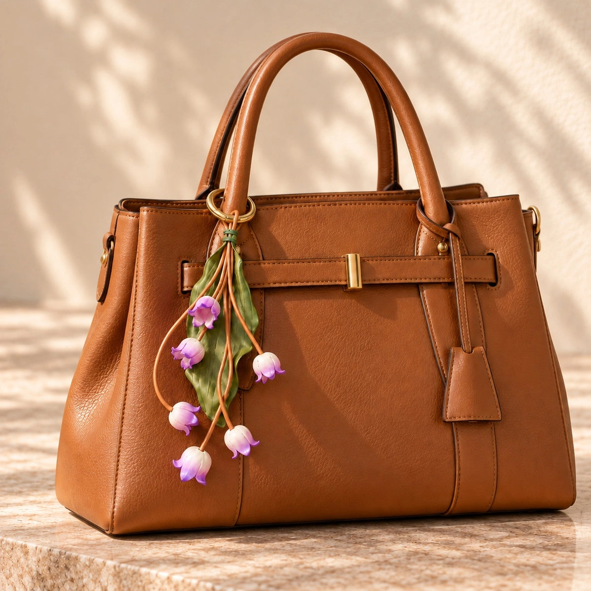 Cognac leather handbag styled with a purple lily-of-the-valley inspired leather bag charm on the left handle