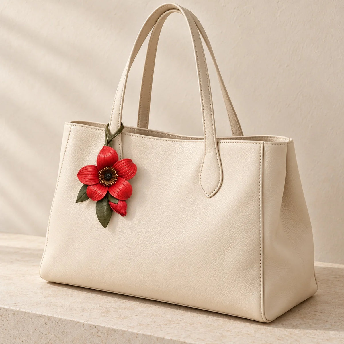 Red kapok flower bag charm hanging from the left handle of a cream tote displayed on a pale stone surface.