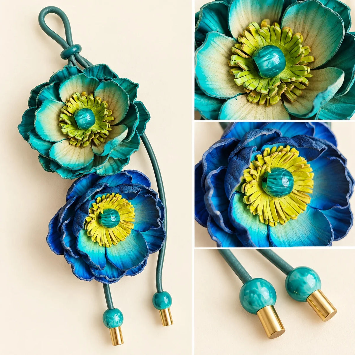 Detail collage showing layered teal and blue leather flower petals, yellow-green floral centers and decorative cord end beads.