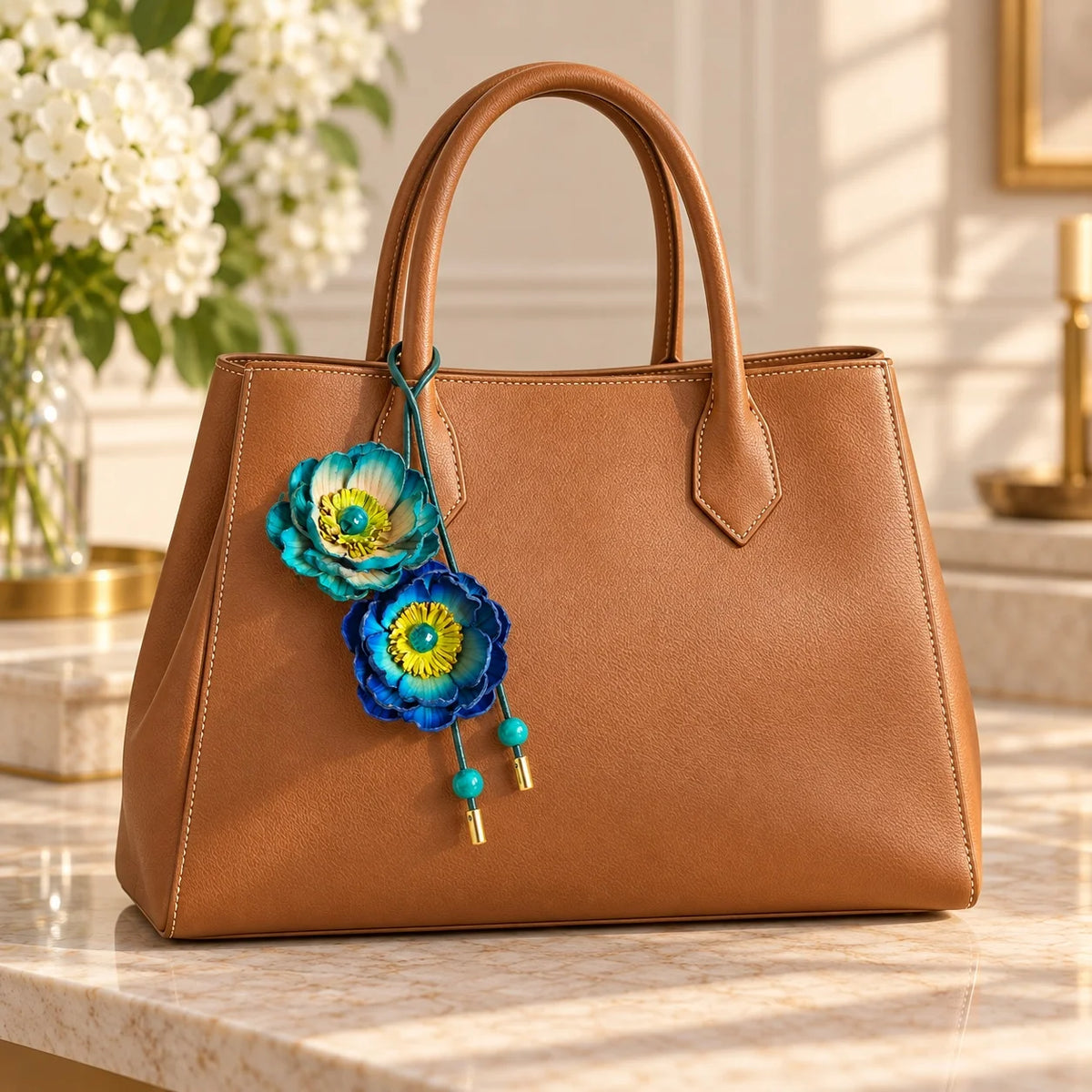 Cognac structured handbag styled with a cascading teal and deep blue leather flower bag charm on its left handle.