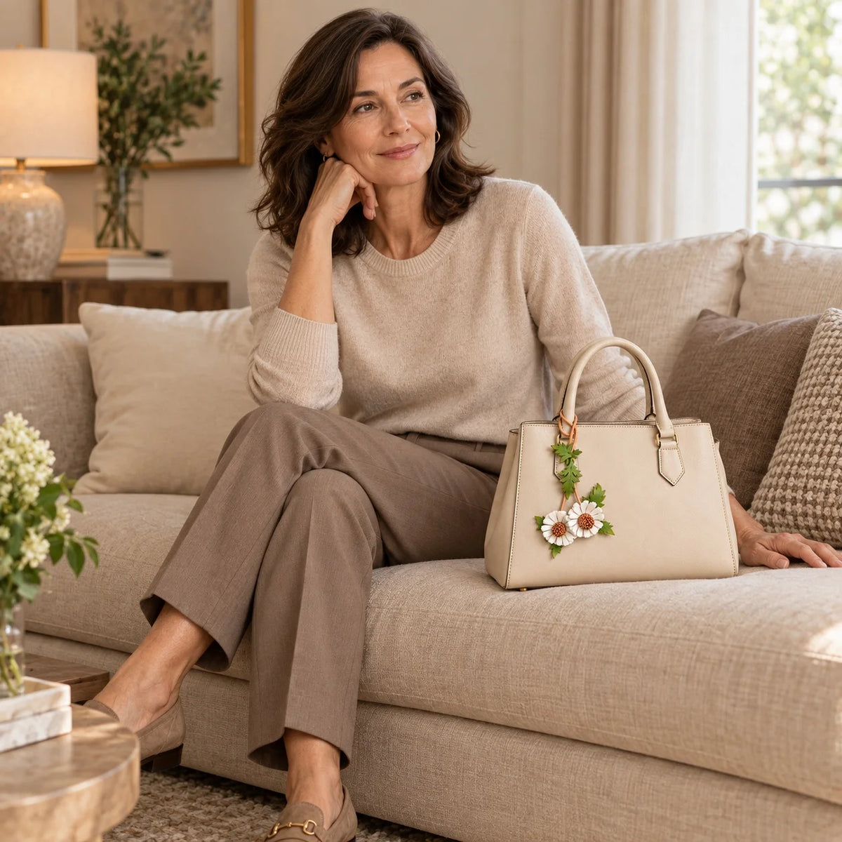 Seated woman beside a cream handbag styled with a white double daisy leather bag charm in a softly lit living room.