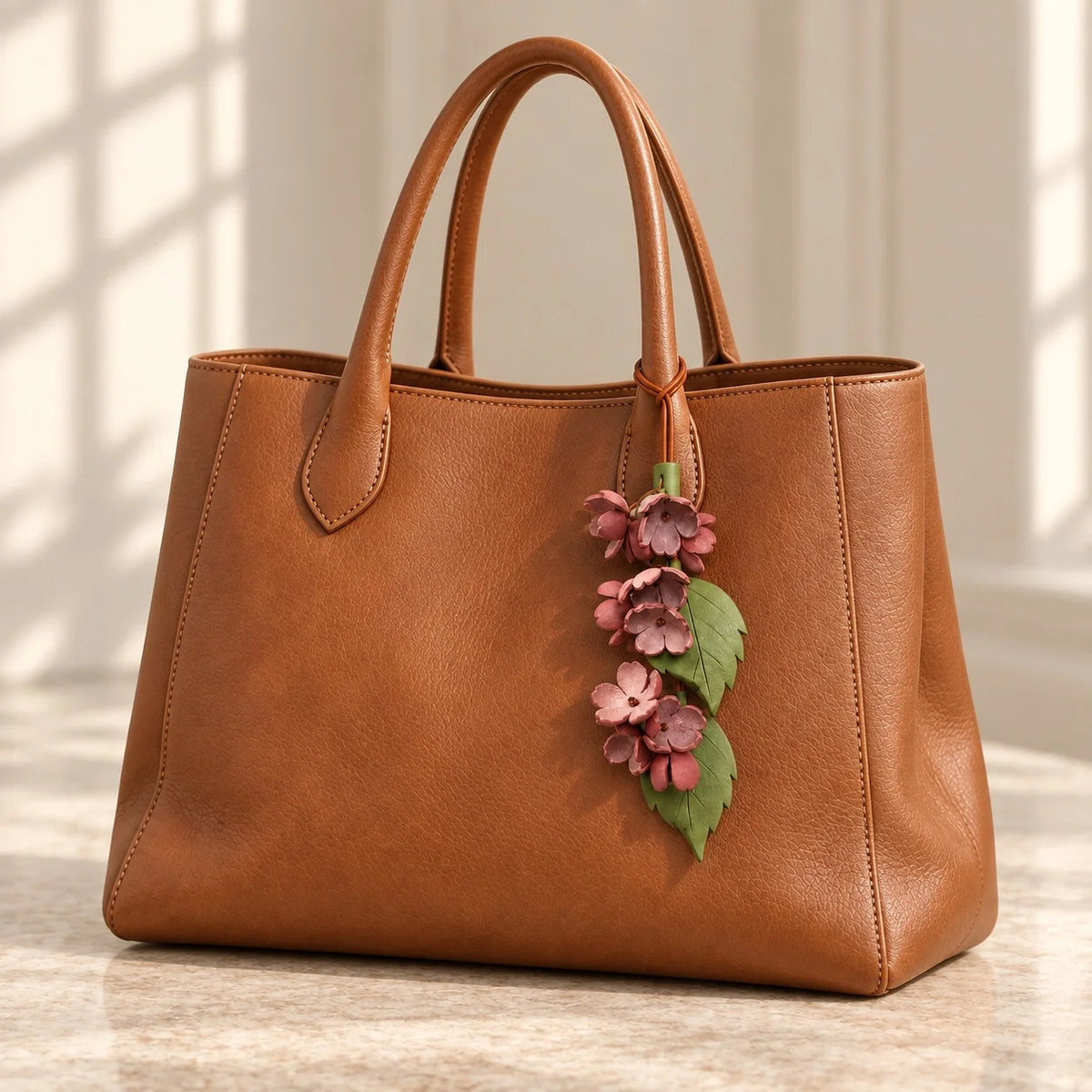 Cherry Blossom Cascade bag charm with dusty pink flower clusters and two green leaves hanging beside the right handle of a cognac tote.