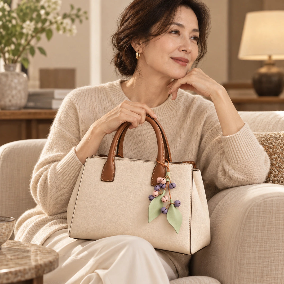 Elegant woman in a cream knit sweater seated indoors with an ivory handbag decorated with a pastel botanical bud bag charm.