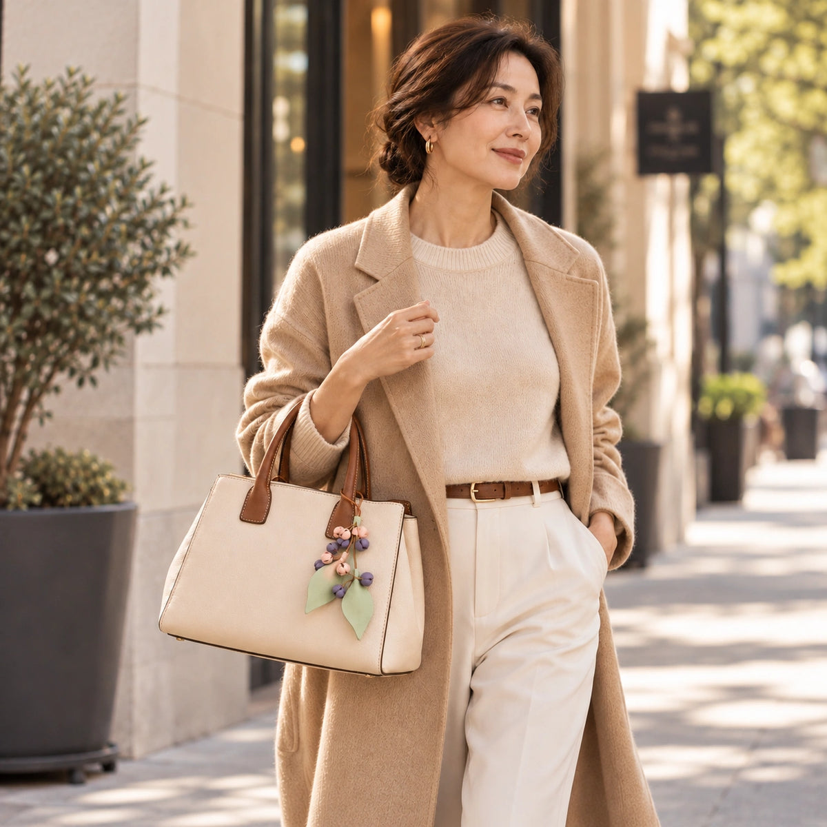 Woman wearing a camel coat and carrying a cream handbag with a lavender and blush pink botanical bag charm during an outdoor stroll.