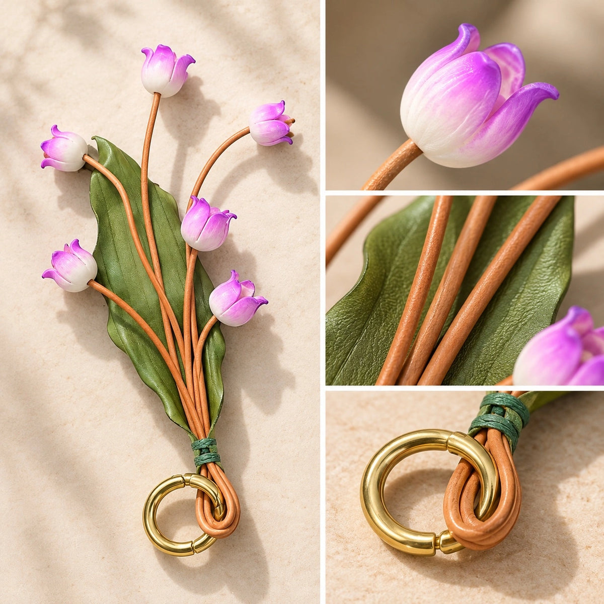 Detail collage of sculpted lavender leather flowers, textured olive-green leaf, tan stems, and gold-tone attachment ring