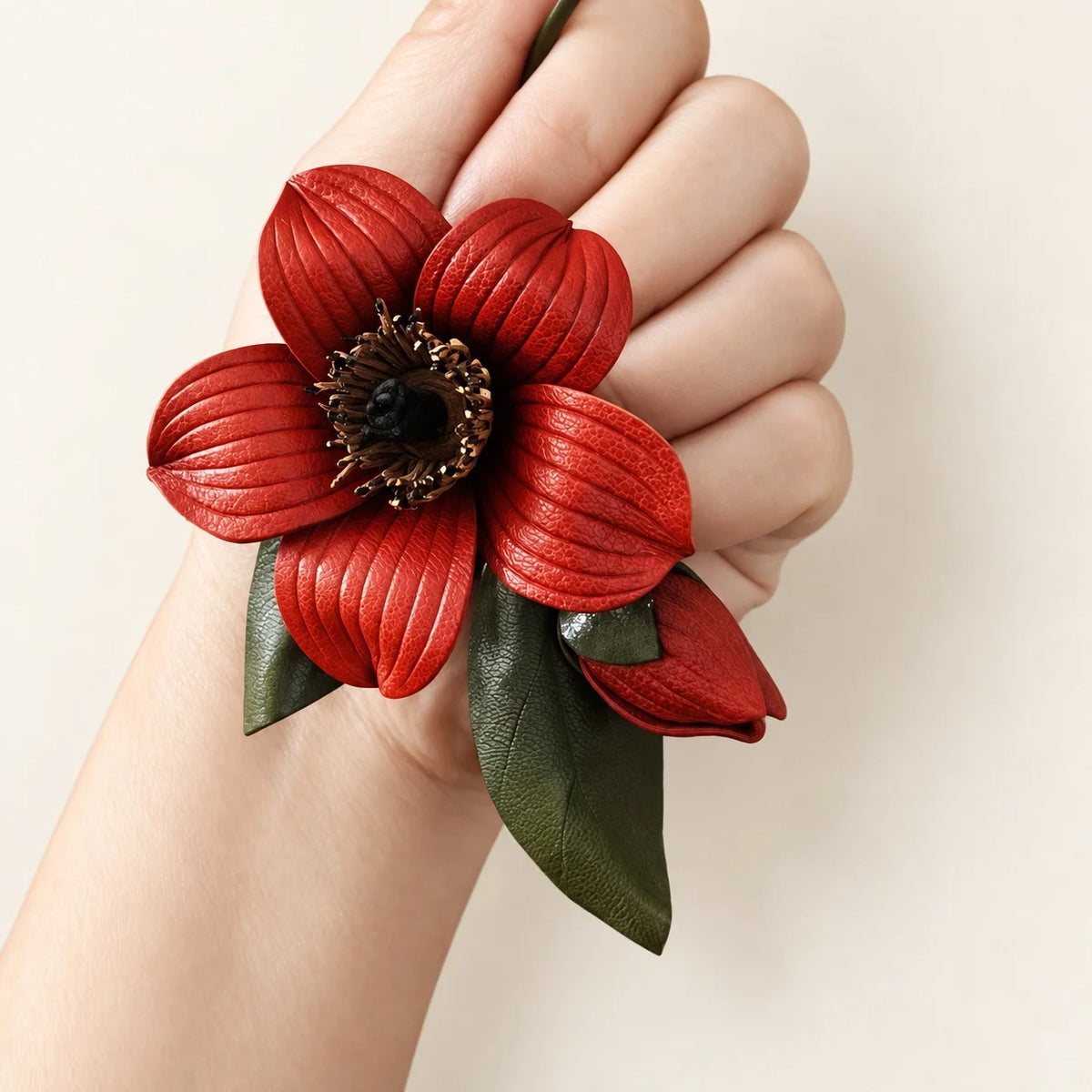 Hand-held view of a red kapok flower leather bag charm showing the open bloom, closed bud and olive green leaves.