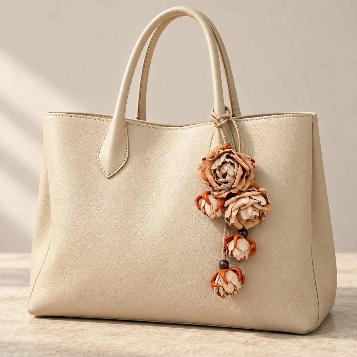 Cream structured leather tote decorated with a beige sculpted rose bag charm, showing cascading leather flowers and buds hanging from the handle.