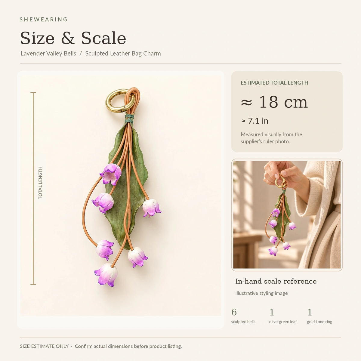 Lavender Valley Bells leather bag charm size guide showing six sculpted flowers, estimated overall length, and handheld scale reference