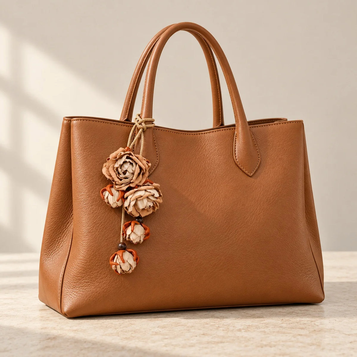 Cognac leather tote with a beige handcrafted rose bag charm attached to the handle, featuring layered floral blooms and dangling leather buds.