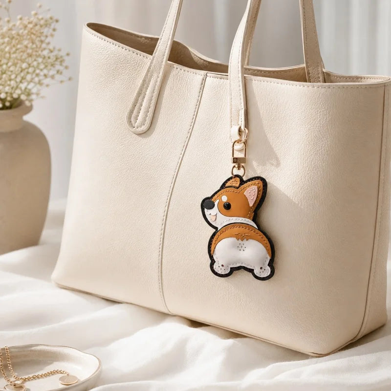 Corgi Pet Leather Bag Charm Hand-Stitched Leather Accessory Creative Keychain Pendant Cute Gift for Women