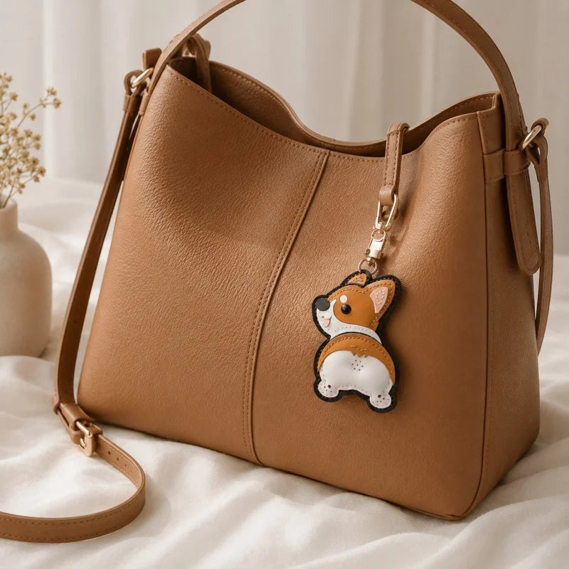 Corgi Pet Leather Bag Charm Hand-Stitched Leather Accessory Creative Keychain Pendant Cute Gift for Women