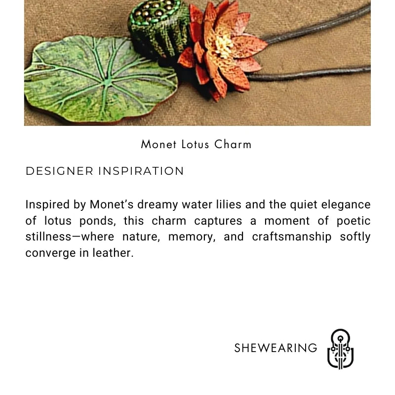 Monet-Inspired Lotus Leather Bag Charm – Handmade Full-Grain Cowhide Pendant | Adjustable Artistic Accessory | Tranquil Vintage Gift for Her