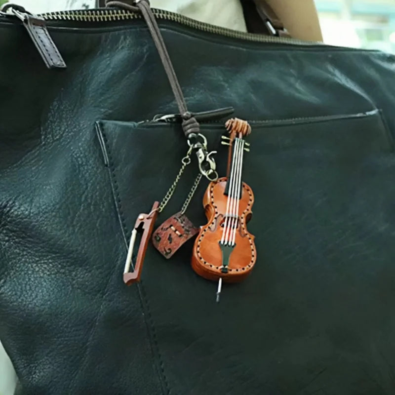 Artisan Leather Mini String Instrument Bag Charm – Handmade Full-Grain Violin, Cello & Double Bass Pendant | Vintage Musical Keychain | Artistic Gift for Women & Music Lovers