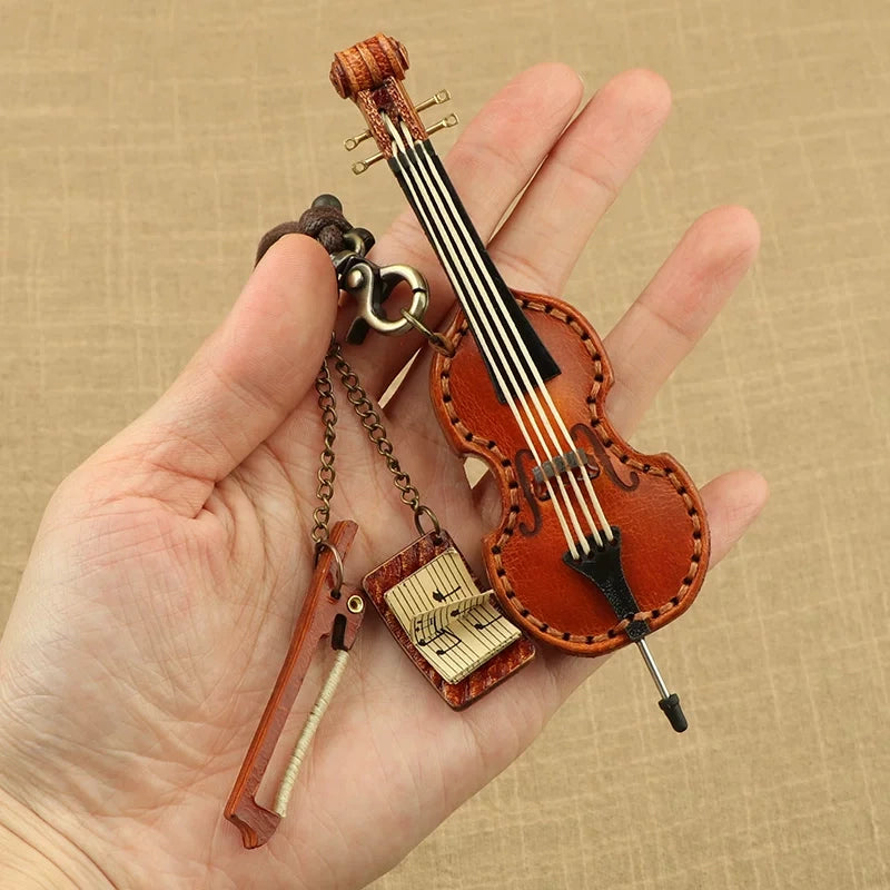 Artisan Leather Mini String Instrument Bag Charm – Handmade Full-Grain Violin, Cello & Double Bass Pendant | Vintage Musical Keychain | Artistic Gift for Women & Music Lovers