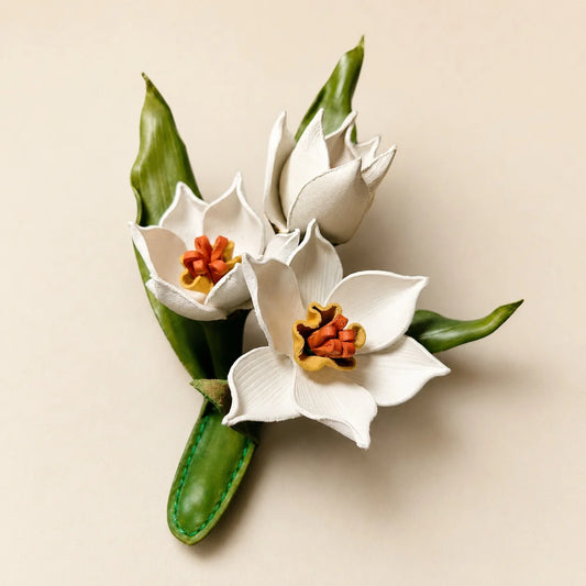 Handcrafted White Daffodil Leather Brooch, Sculptural Floral Statement Accessory for Women