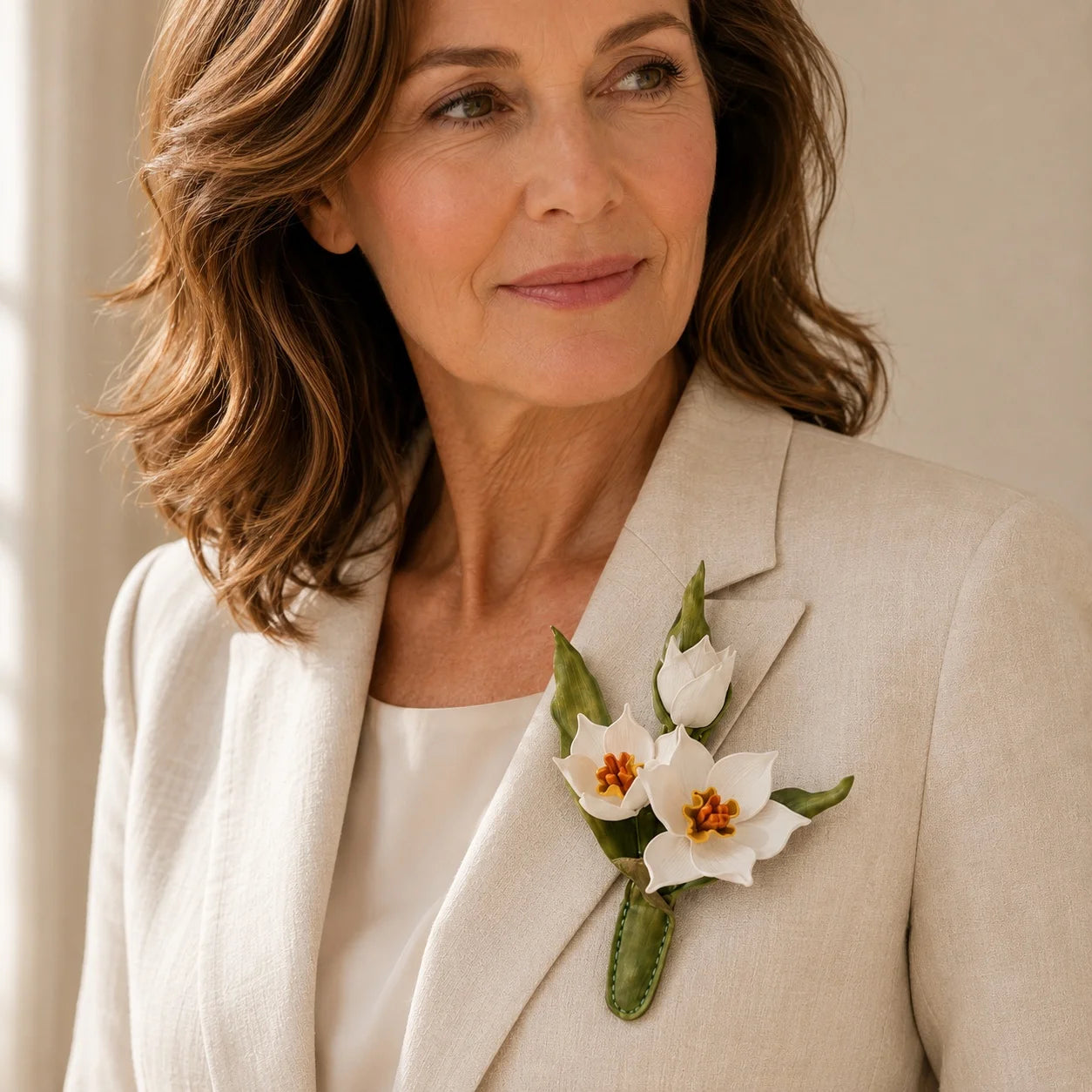 Broche de piel de narciso blanco hecho a mano, accesorio floral escultural llamativo para mujer