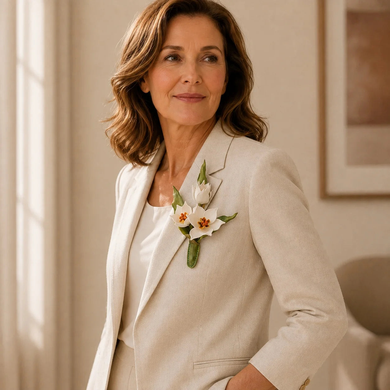 Broche de piel de narciso blanco hecho a mano, accesorio floral escultural llamativo para mujer