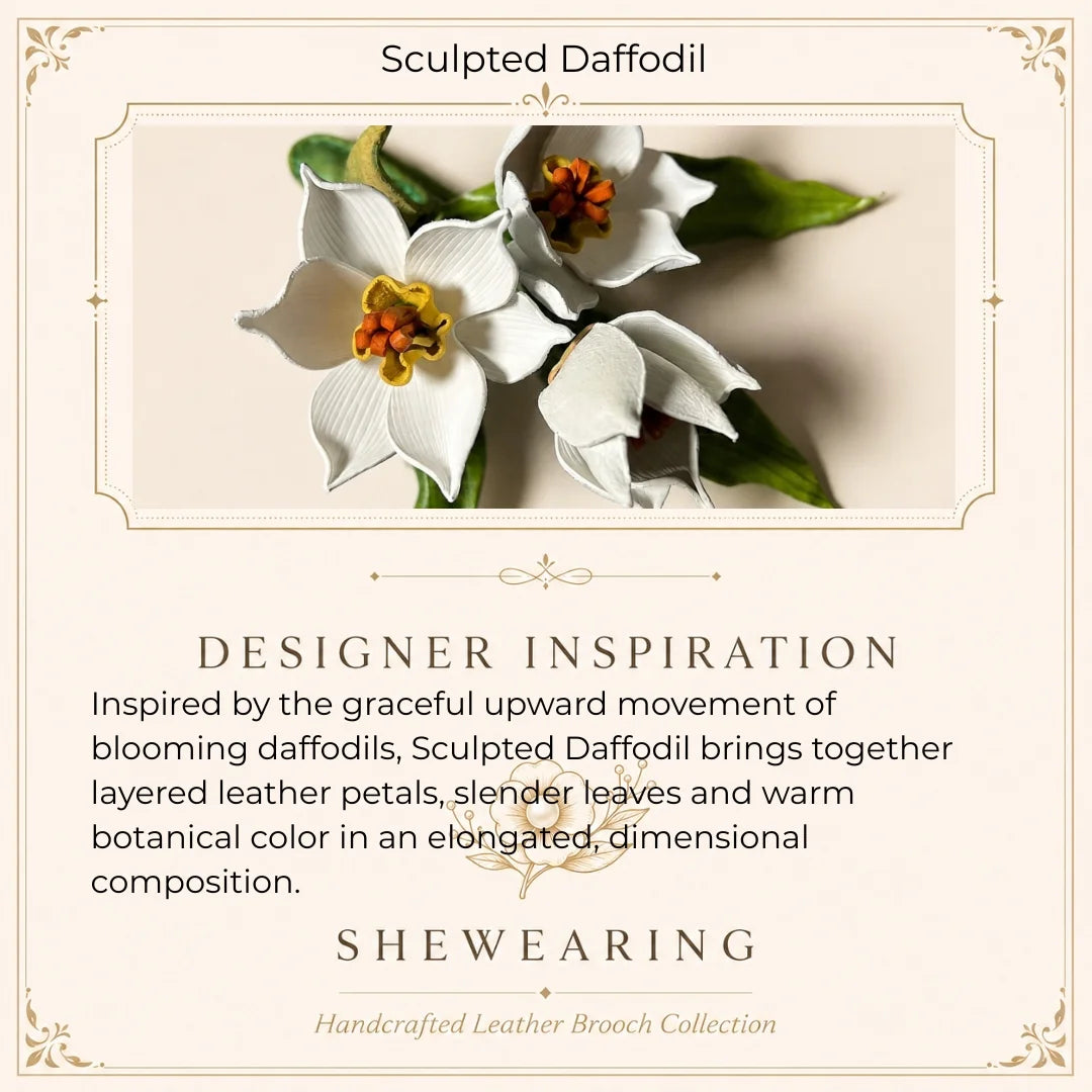 Broche de piel de narciso blanco hecho a mano, accesorio floral escultural llamativo para mujer