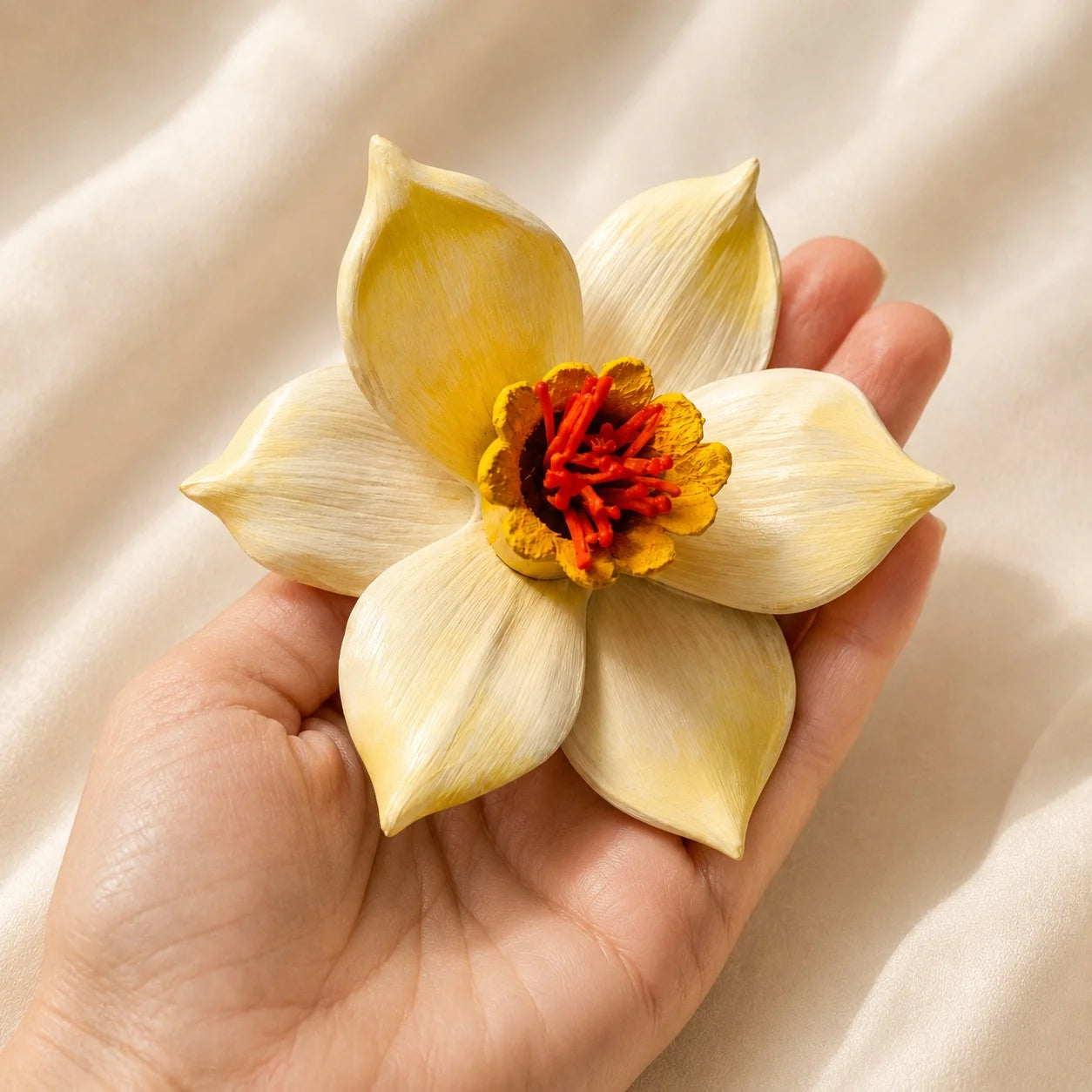 Broche de cuero con narciso escultural hecho a mano, accesorio floral artístico llamativo para mujer