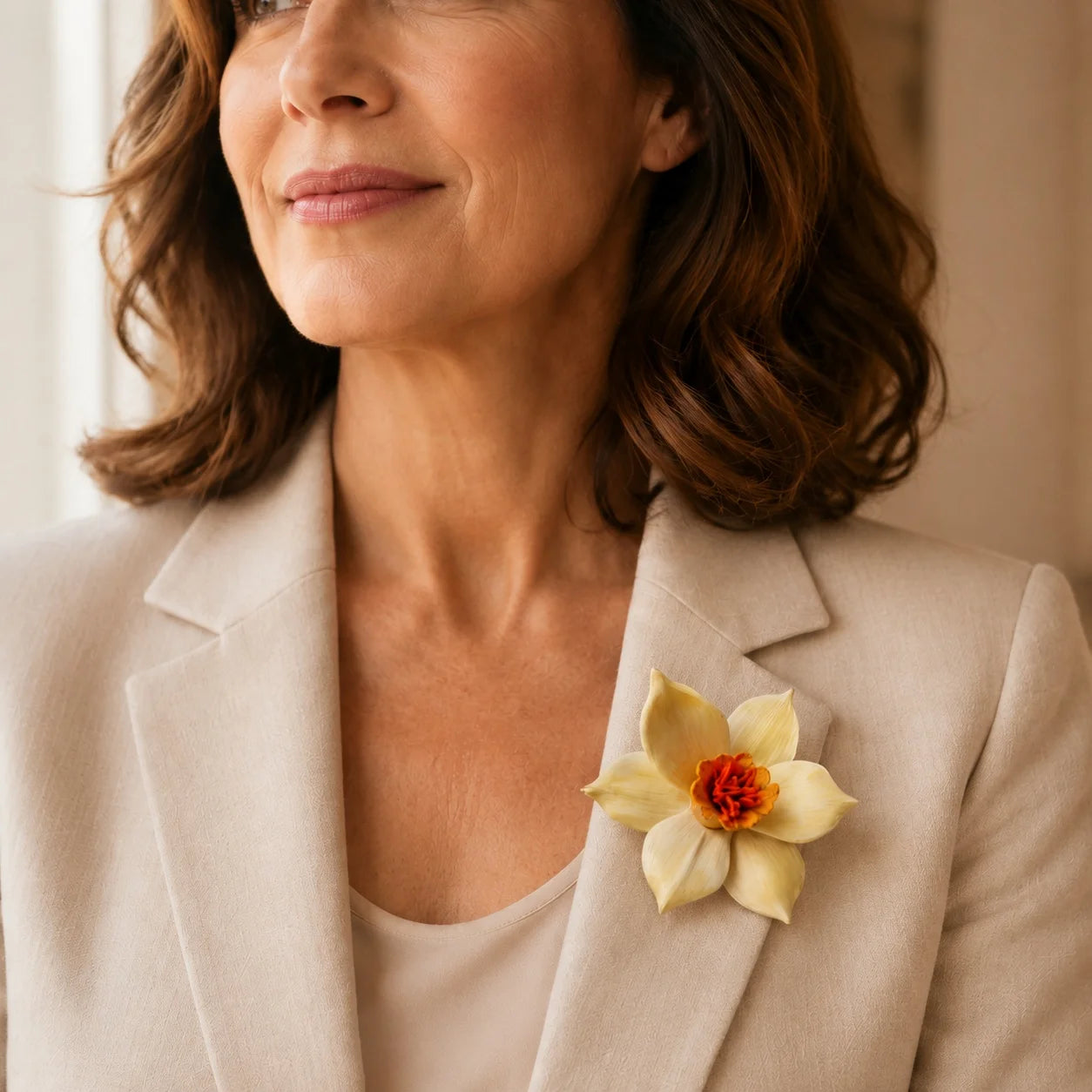 Broche de cuero con narciso escultural hecho a mano, accesorio floral artístico llamativo para mujer