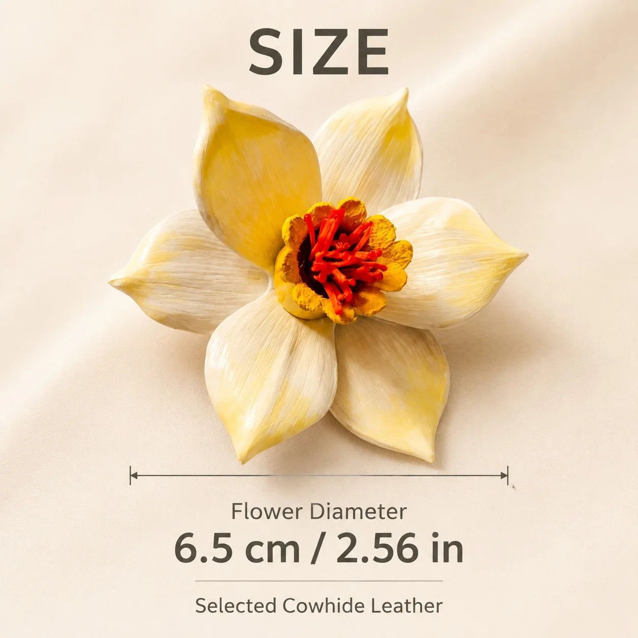Broche de cuero con narciso escultural hecho a mano, accesorio floral artístico llamativo para mujer