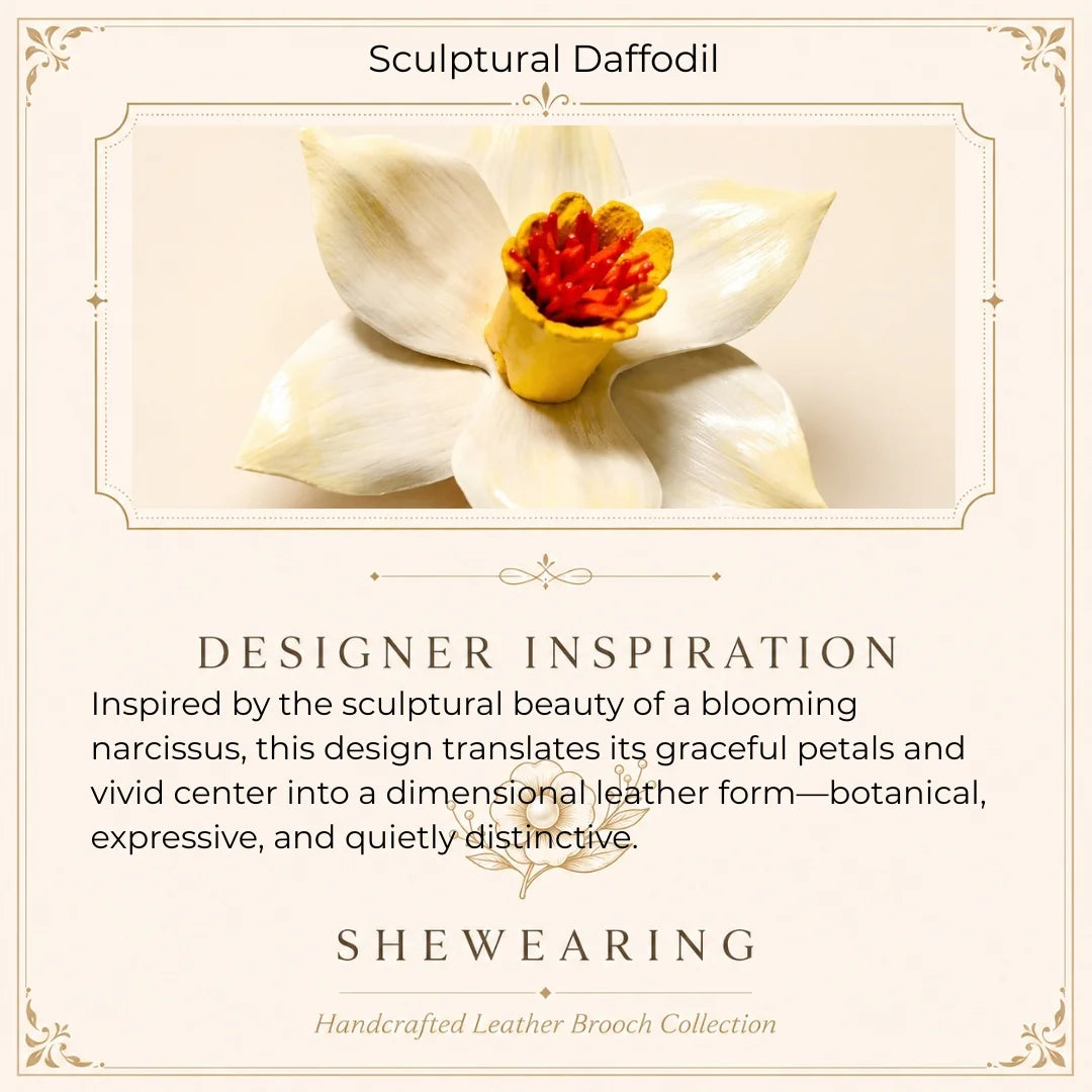 Broche de cuero con narciso escultural hecho a mano, accesorio floral artístico llamativo para mujer