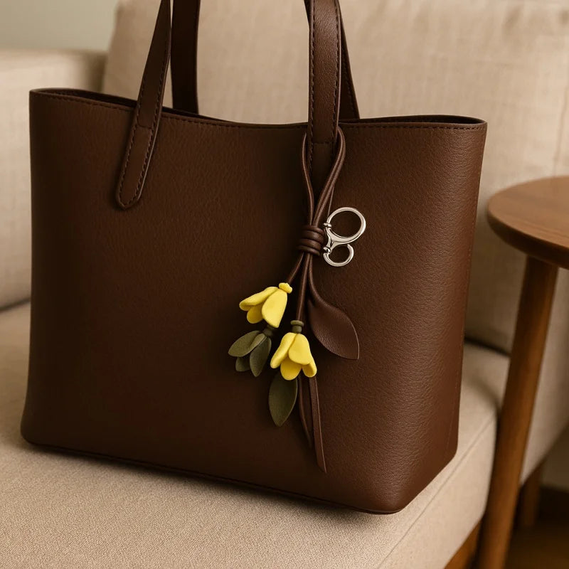 Blooming Grace Leather Bag Charm – Handmade Full-Grain Leather Floral Pendant | Quiet-Luxury Accessory for Totes & Handbags | Elegant Artistic Gift for Women