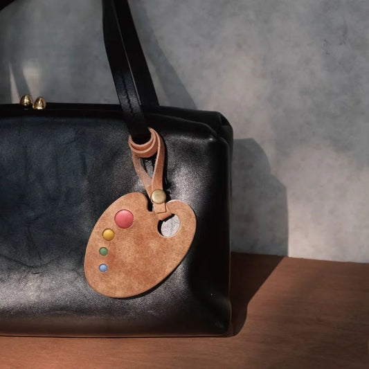 Handcrafted Full-Grain Leather Artist Palette Bag Charm | Vintage-Style Key Fob with Color Enamel Dots | Unique Creative Gift Accessory