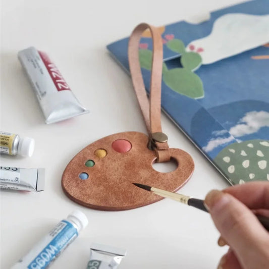 Handcrafted Full-Grain Leather Artist Palette Bag Charm | Vintage-Style Key Fob with Color Enamel Dots | Unique Creative Gift Accessory