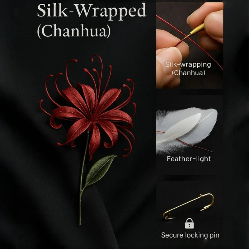 Silk-Wrapped Rose Brooch – Handmade Chan Hua Vintage Red Floral Pin for Coats and Dresses