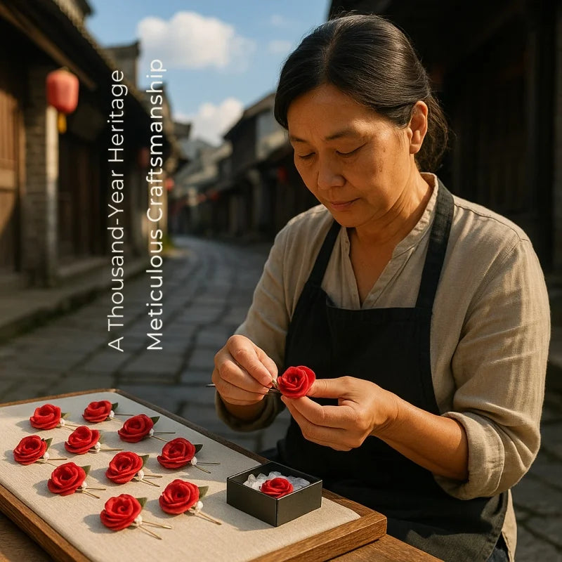 Silk-Wrapped Rose Brooch – Handmade Chan Hua Vintage Red Floral Pin for Coats and Dresses