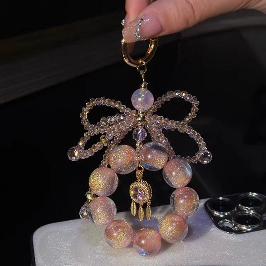 Stardust Peach Crystal Phone Charm – Iridescent Galaxy Dreamcatcher Pendant | Aurora-Inspired Bag Accessory | Elegant Pastel Charm for Women