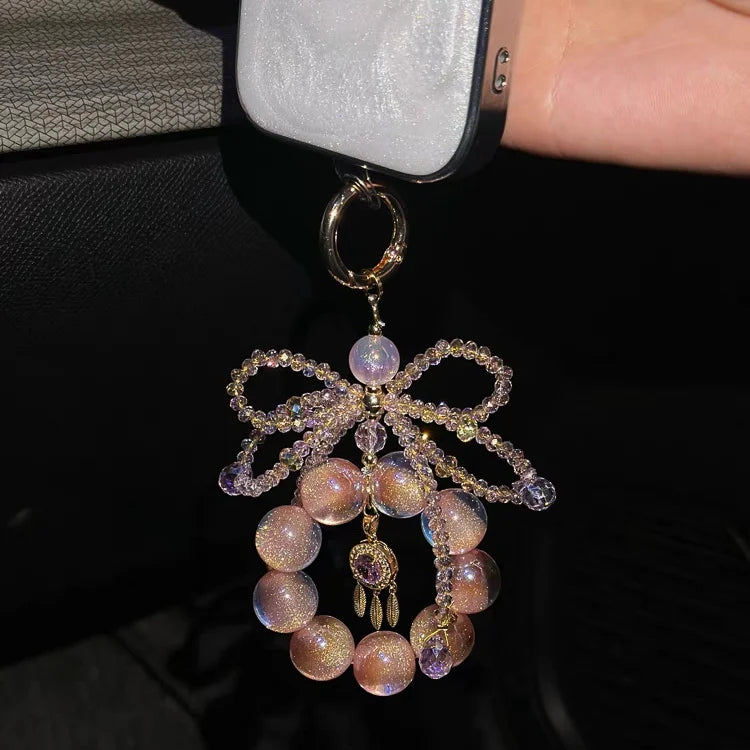 Stardust Peach Crystal Phone Charm – Iridescent Galaxy Dreamcatcher Pendant | Aurora-Inspired Bag Accessory | Elegant Pastel Charm for Women