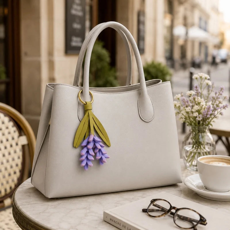 Dije de cuero con flor de lavanda para bolso – Colgante artesanal de cuero de plena flor | Llavero único con elegancia botánica | Regalo artesanal para amantes de la naturaleza