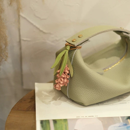 Lavender Blossom Leather Bag Charm – Handcrafted Full-Grain Leather Pendant | Unique Keychain with Botanical Elegance | Artisan Gift for Nature Lovers