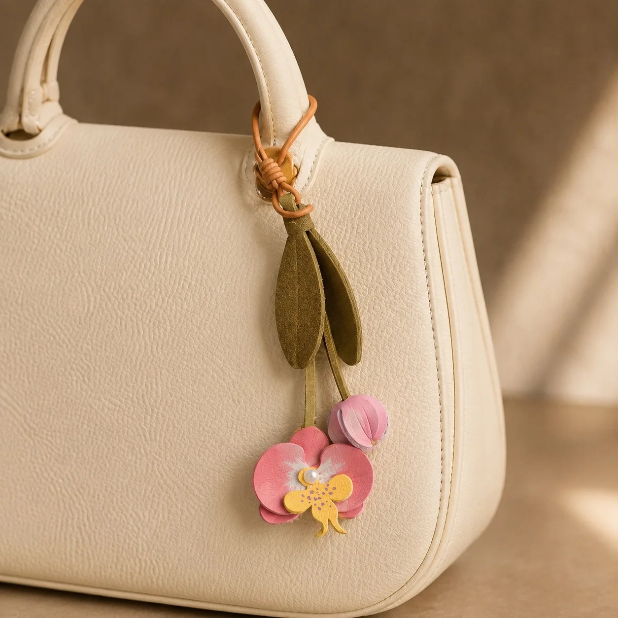 Pink Orchid Leather Bag Charm with Layered Bloom, Bud and Leaf Details, Available with Brass Hook or Leather Strap Attachment