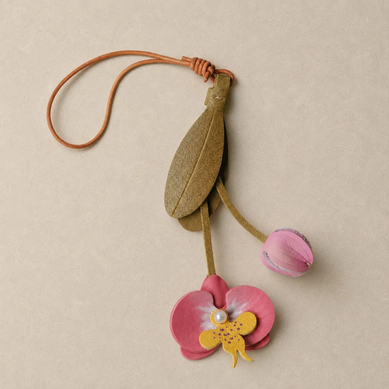 Pink Orchid Leather Bag Charm with Layered Bloom, Bud and Leaf Details, Available with Brass Hook or Leather Strap Attachment