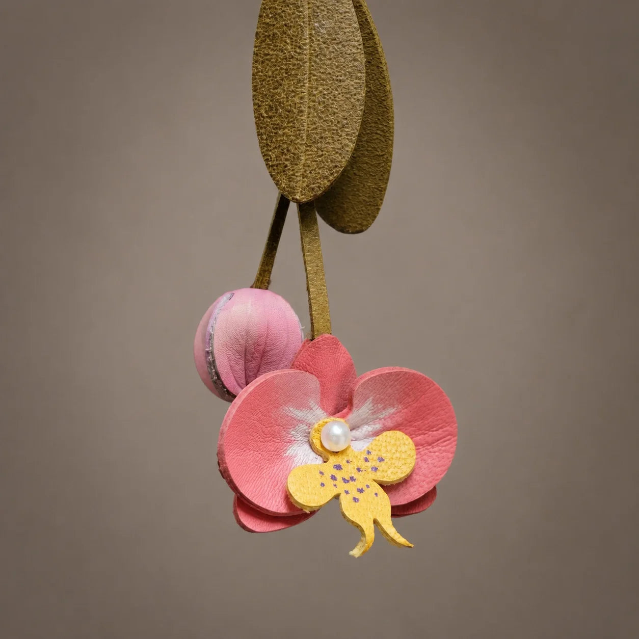 Pink Orchid Leather Bag Charm with Layered Bloom, Bud and Leaf Details, Available with Brass Hook or Leather Strap Attachment