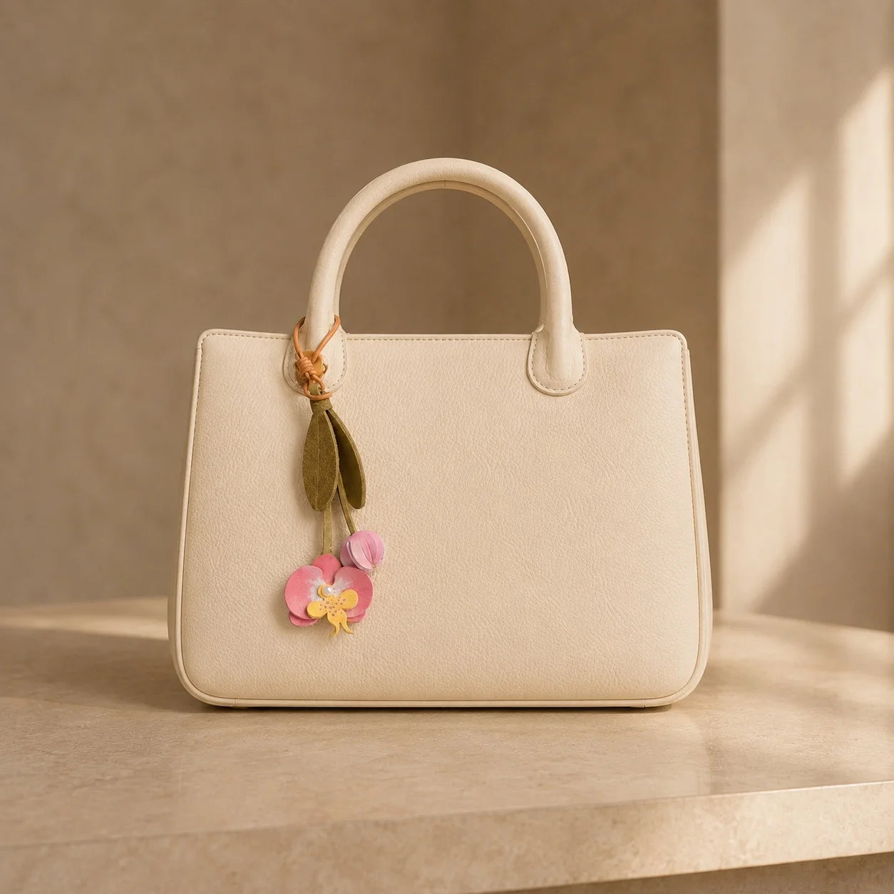 Pink Orchid Leather Bag Charm with Layered Bloom, Bud and Leaf Details, Available with Brass Hook or Leather Strap Attachment