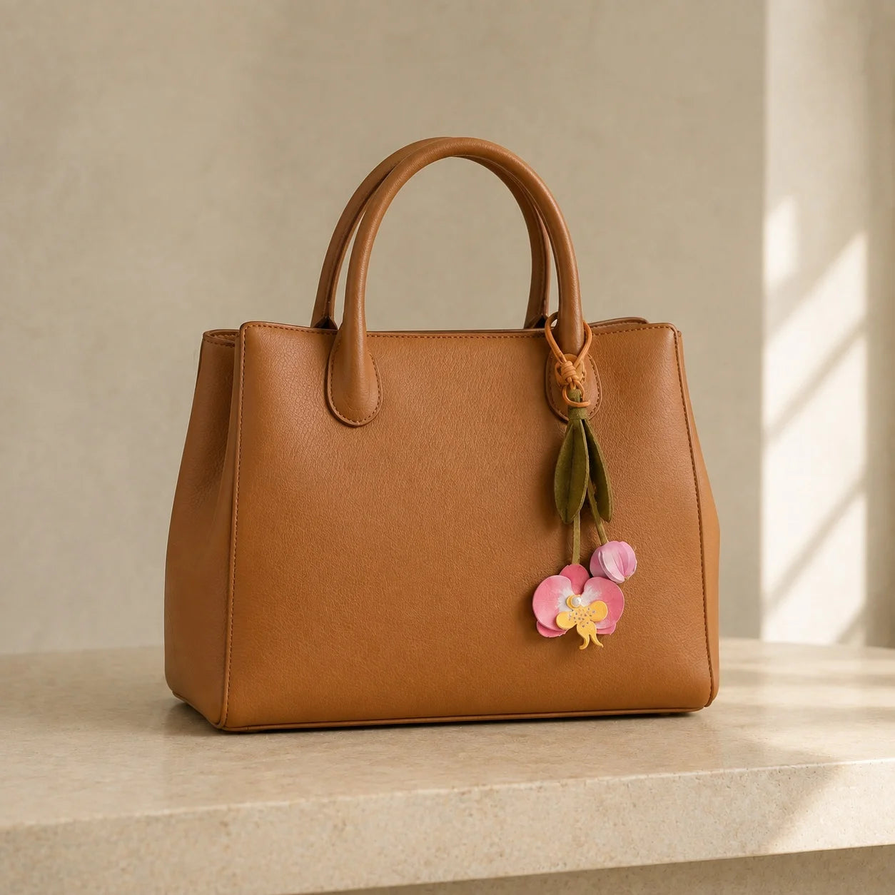 Pink Orchid Leather Bag Charm with Layered Bloom, Bud and Leaf Details, Available with Brass Hook or Leather Strap Attachment